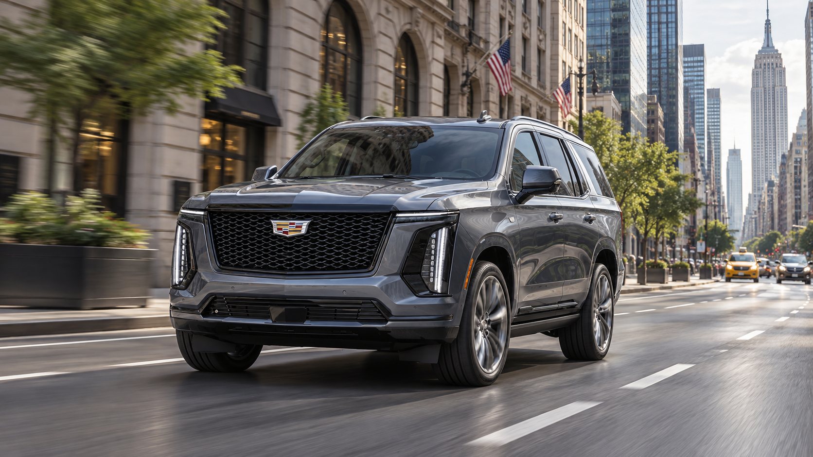 A gray SUV on a Manhattan avenue