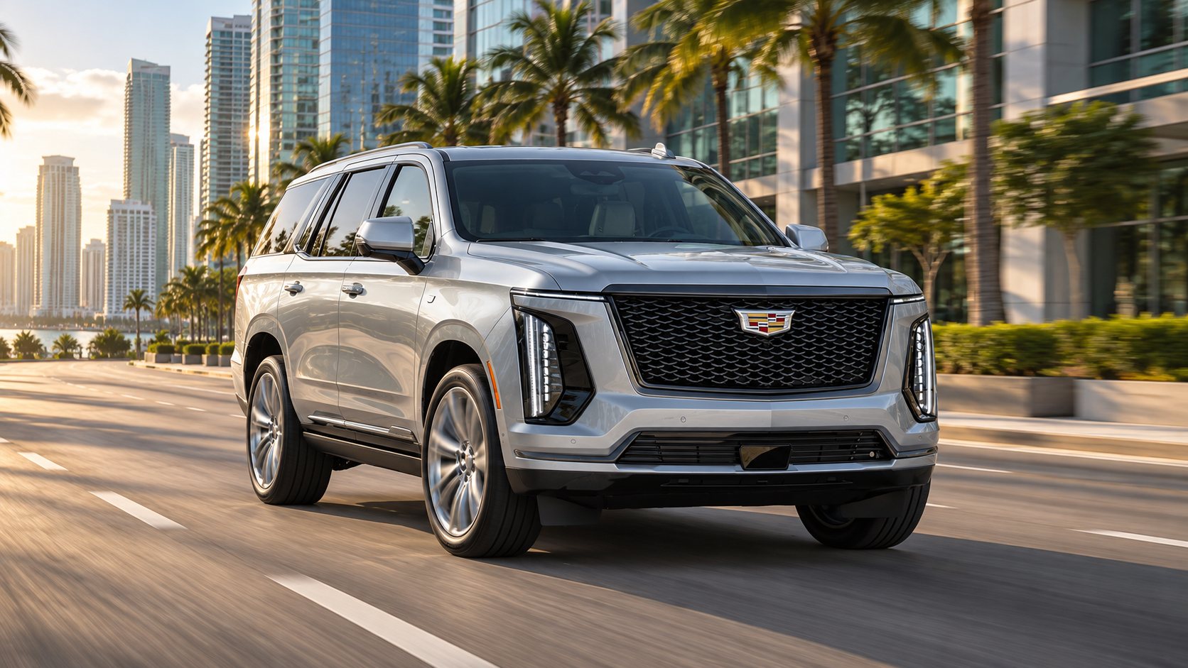 A silver SUV on a palm-lined Miami boulevard