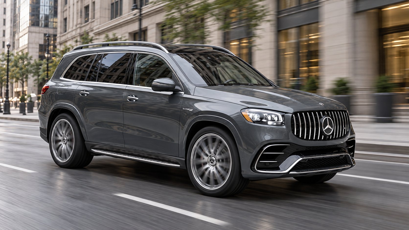 A gray Mercedes-Benz GLS on a city street