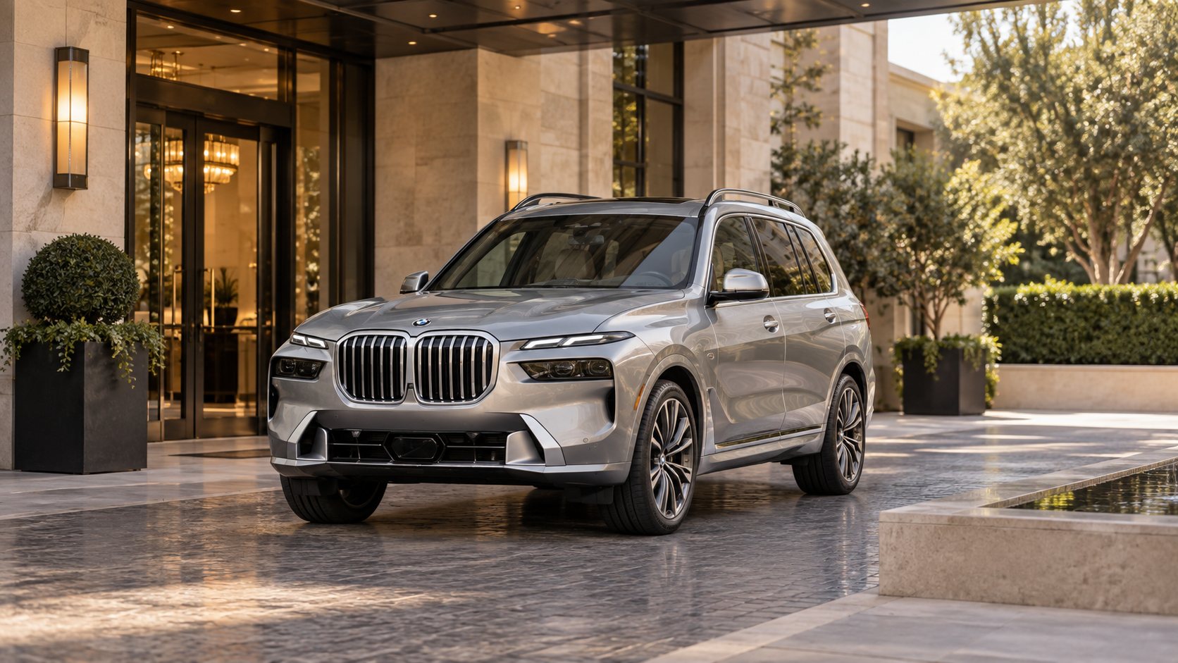 A silver BMW X7 staged at a hotel entrance