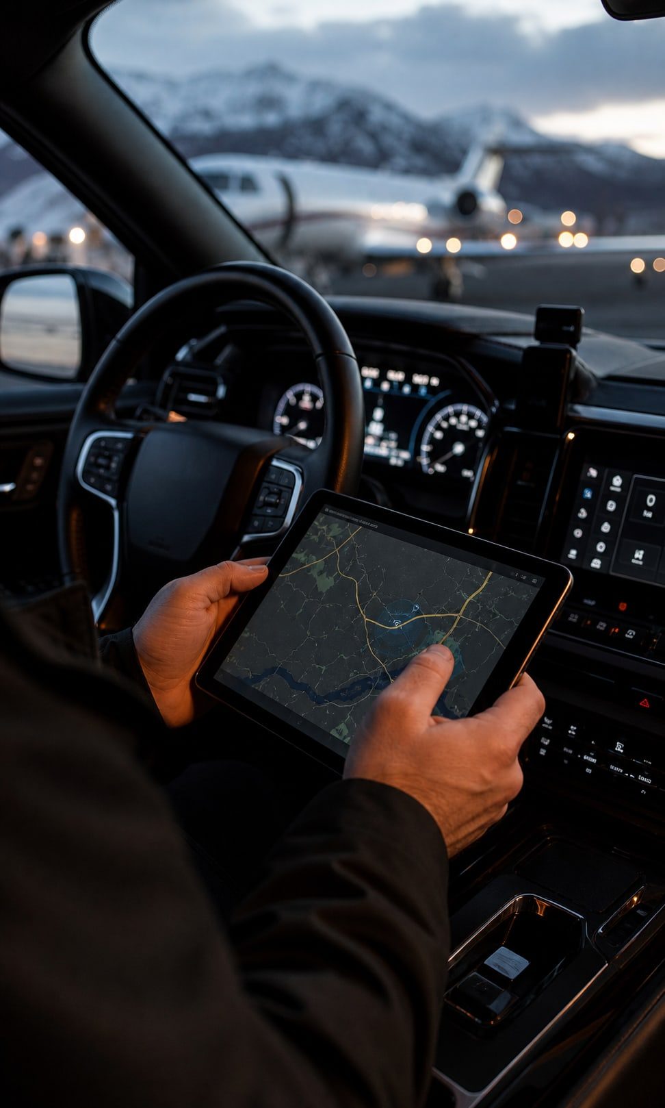 Driver reviewing a route on the vehicle device