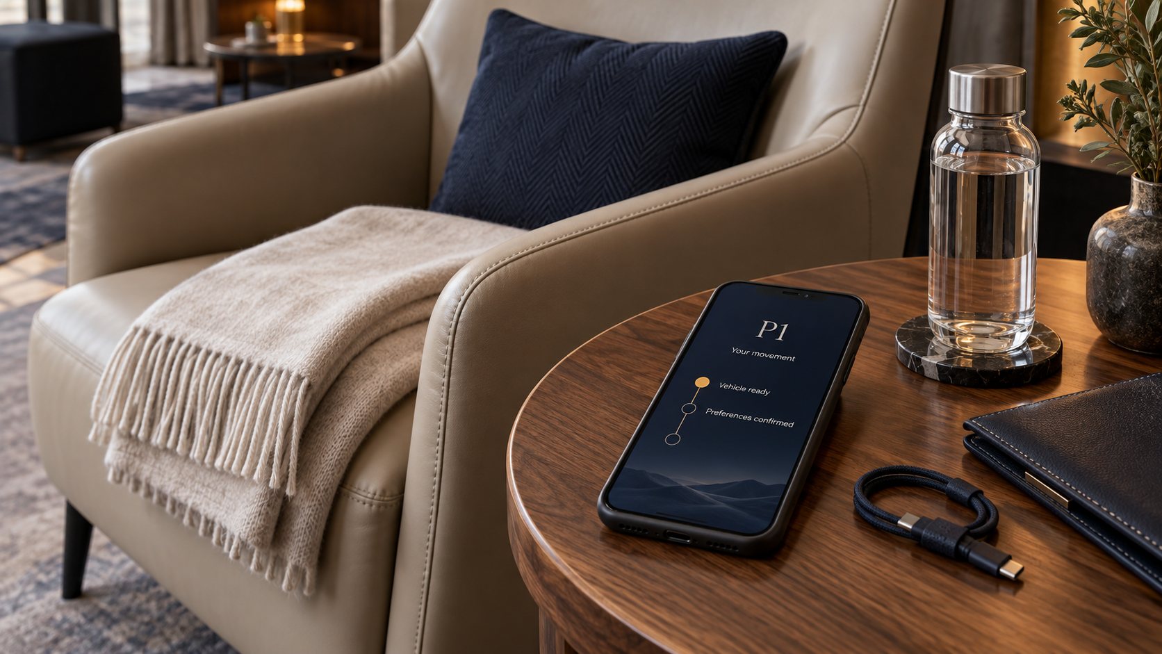 A phone showing a P1 trip on a side table beside an armchair